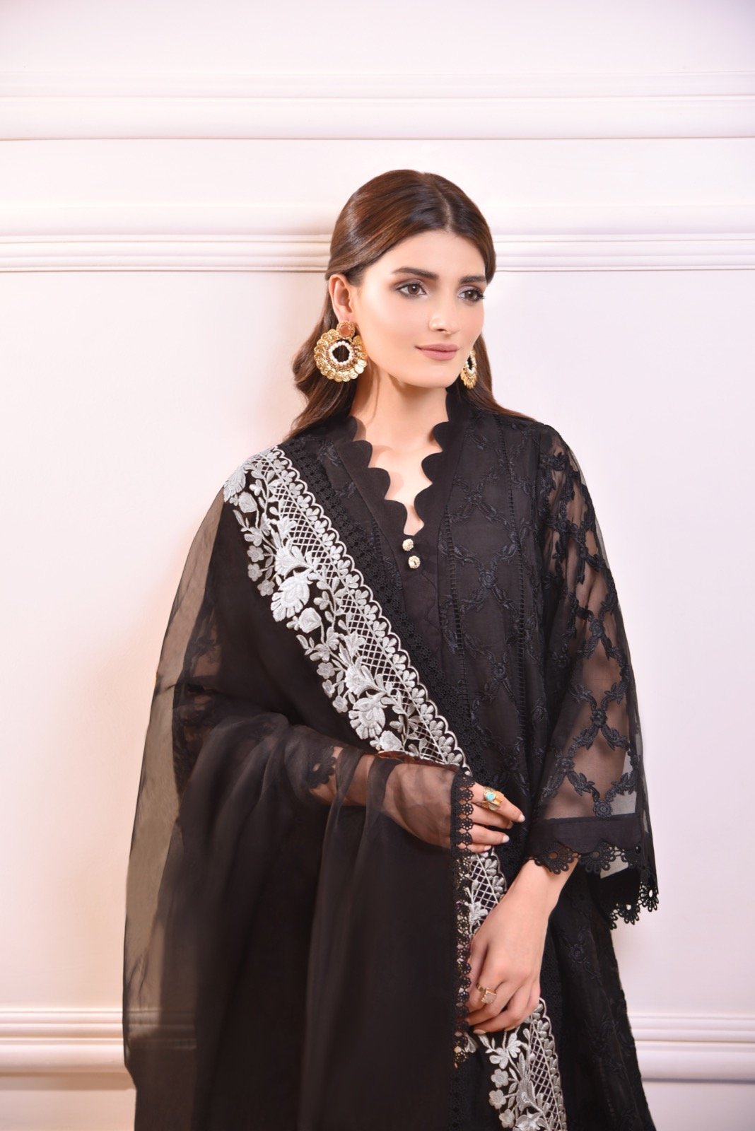 Pakistani Black Embroidered Cotton Net Kurta (2-Piece) - Image 1