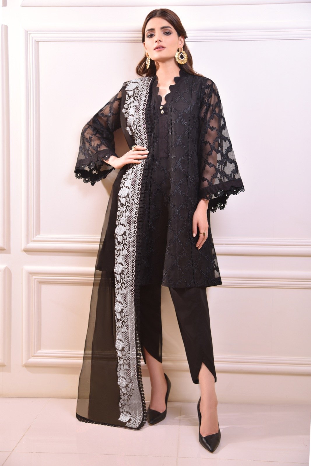 Pakistani Black Embroidered Cotton Net Kurta (2-Piece) - Image 2