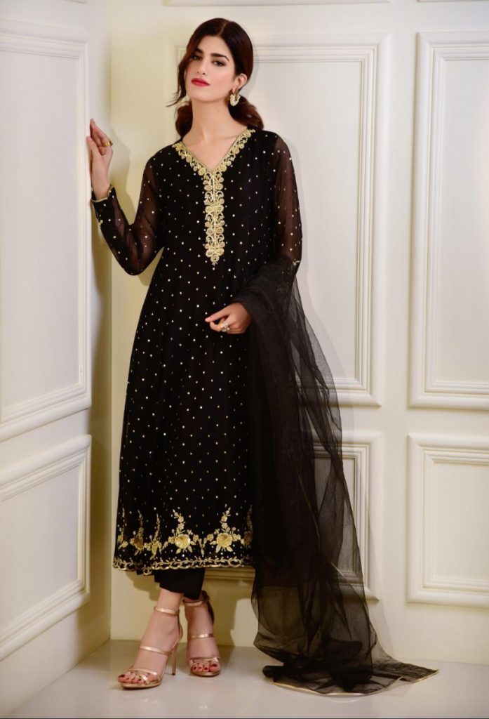 Black Golden Embroidered Cotton Net Salwar Kameez (3-Piece) - Image 1