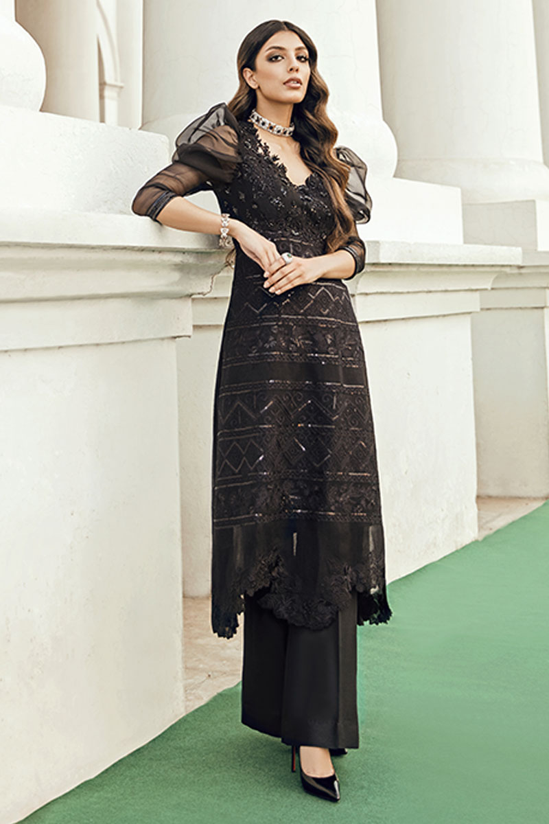 Black Embroidered Cotton Net Kurta (2-Piece) - Image 1