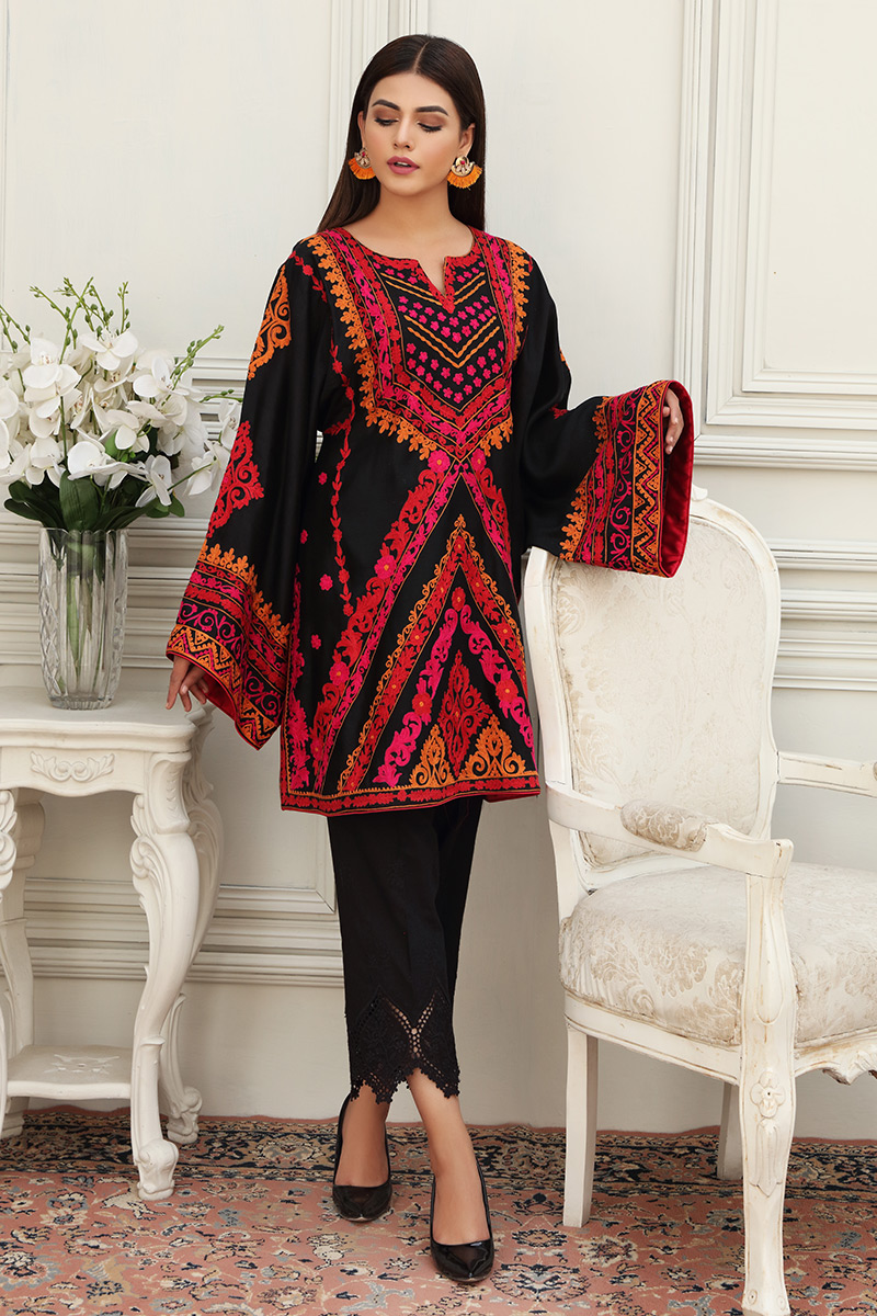 Black Kashmiri Embroidered Cotton Net Kameez (2-Piece) - Image 1