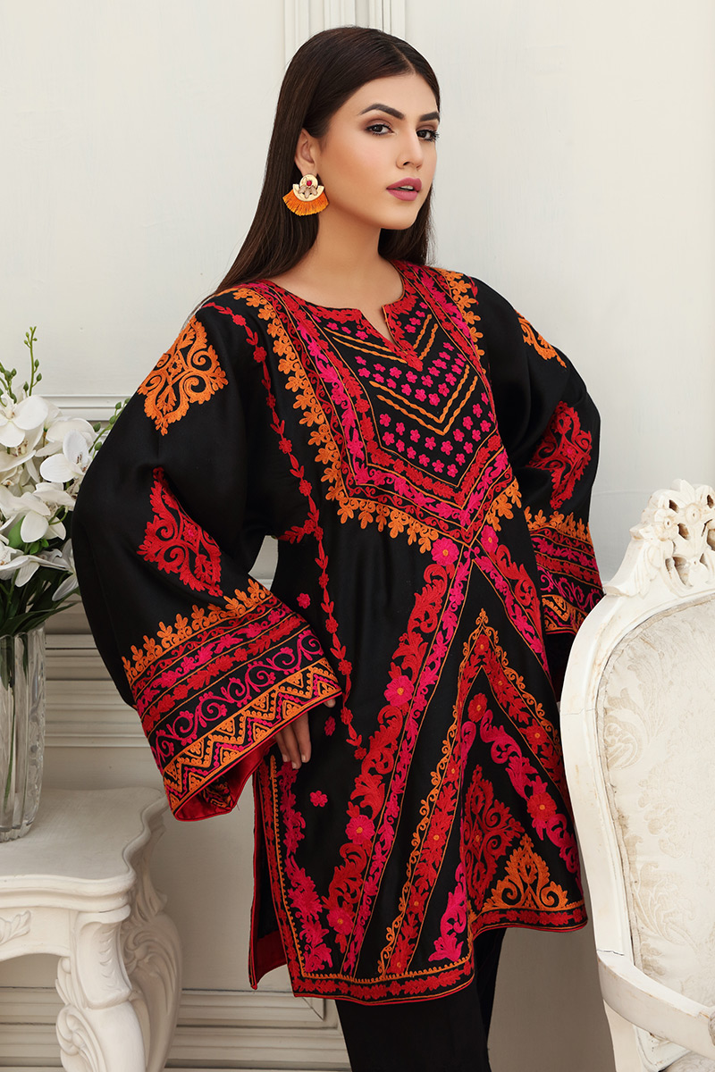 Black Kashmiri Embroidered Cotton Net Kameez (2-Piece) - Image 2