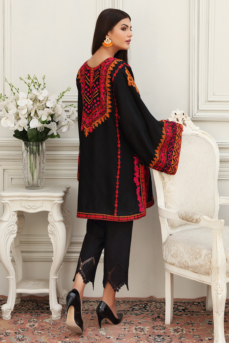 Black Kashmiri Embroidered Cotton Net Kameez (2-Piece) - Image 3