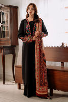 Pakistani Black Embroidered Cotton Net Jacket Set (3-Piece) - Image 2