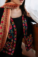 Pakistani Black Embroidered Cotton Net Jacket Set (3-Piece) - Image 8