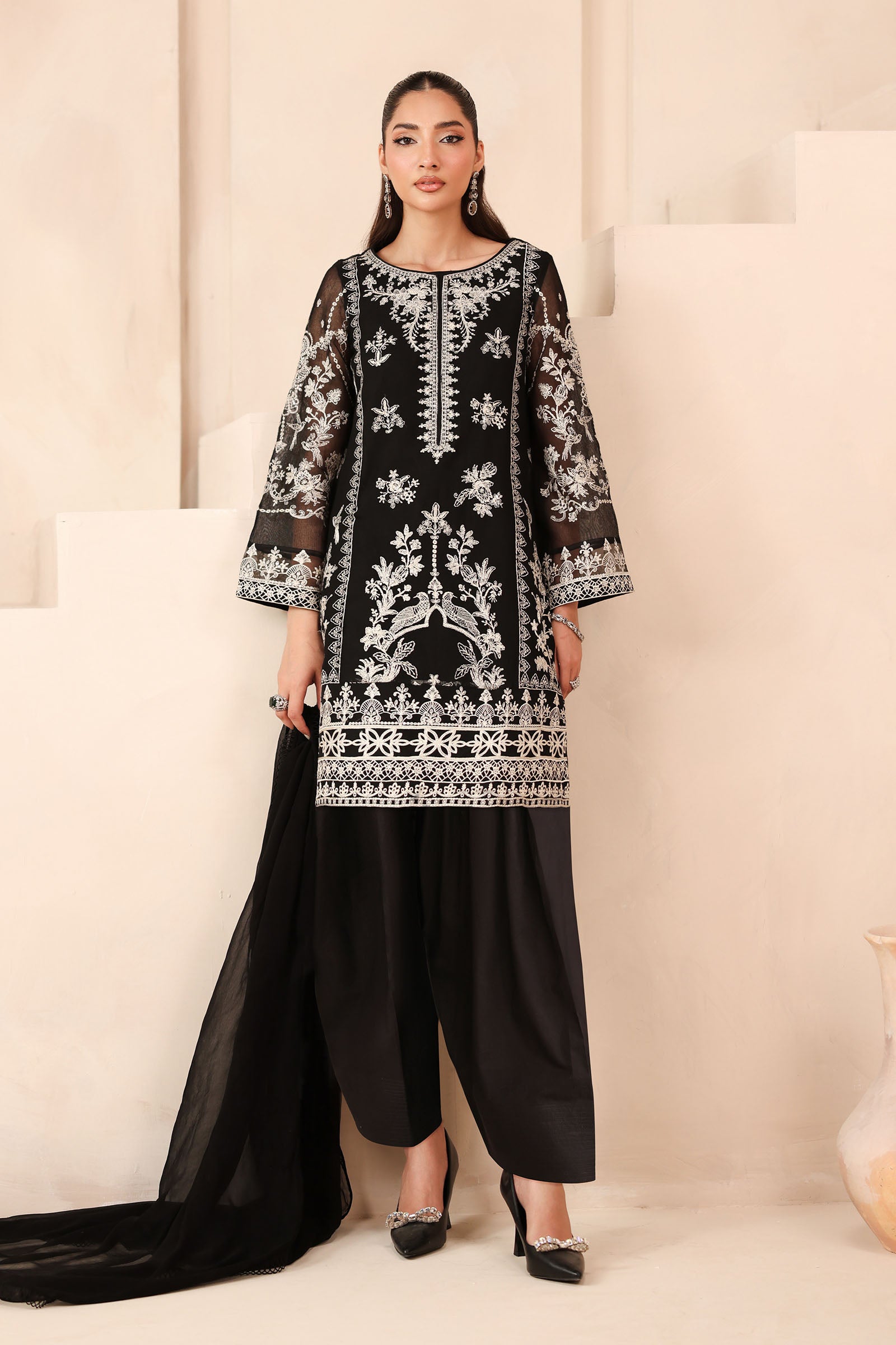 Pakistani Black Embroidered Cotton Net 3-Piece Suit - Image 1