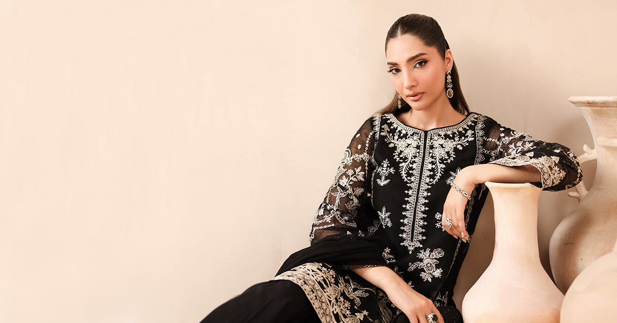 Pakistani Black Embroidered Cotton Net 3-Piece Suit - Image 10