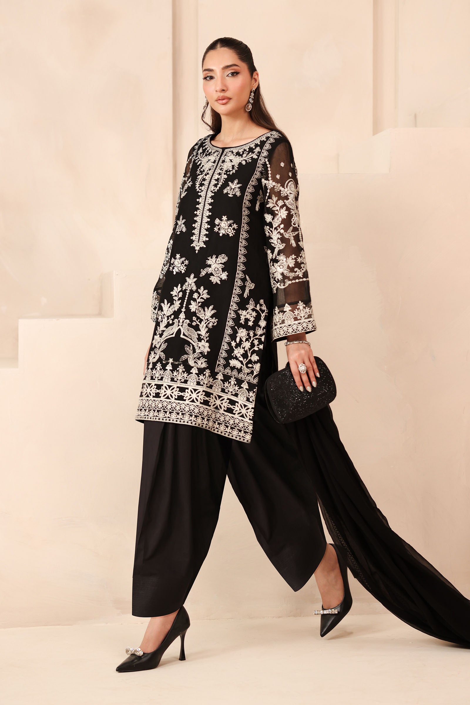 Pakistani Black Embroidered Cotton Net 3-Piece Suit - Image 3