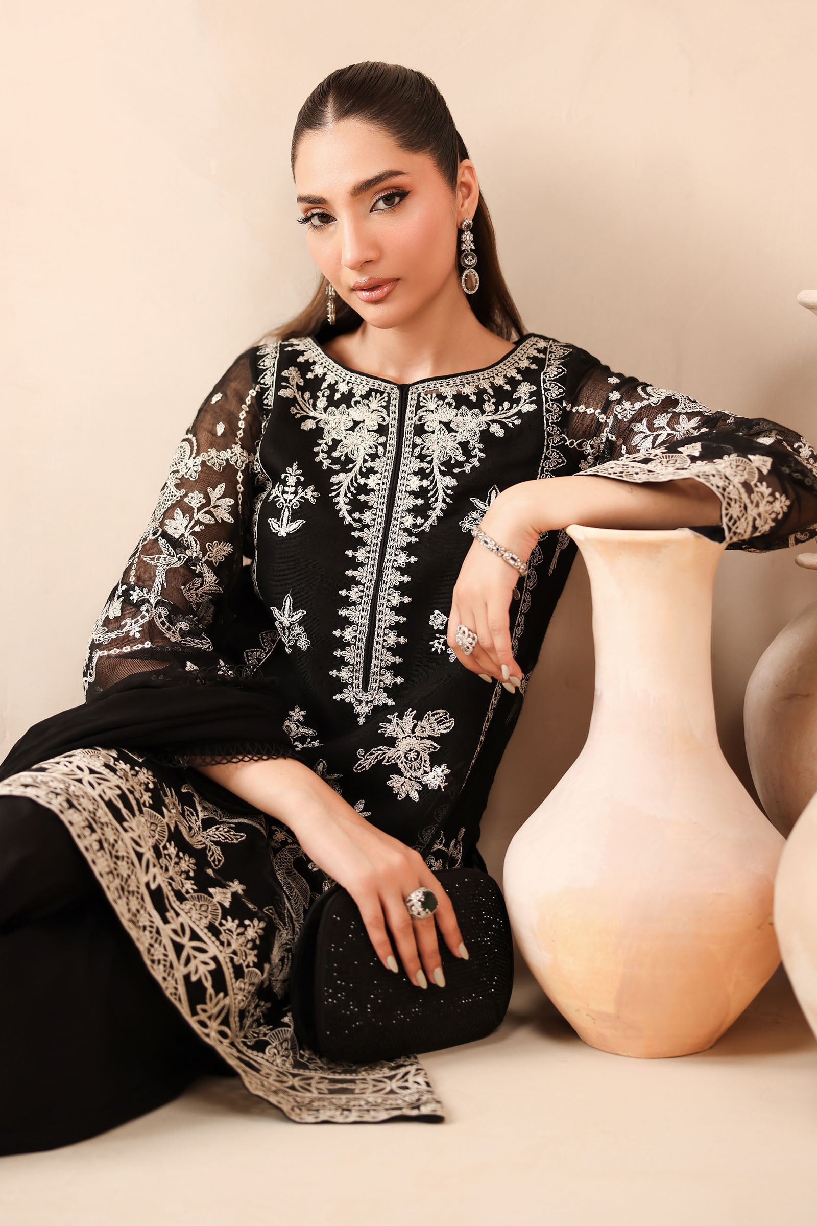 Pakistani Black Embroidered Cotton Net 3-Piece Suit - Image 4