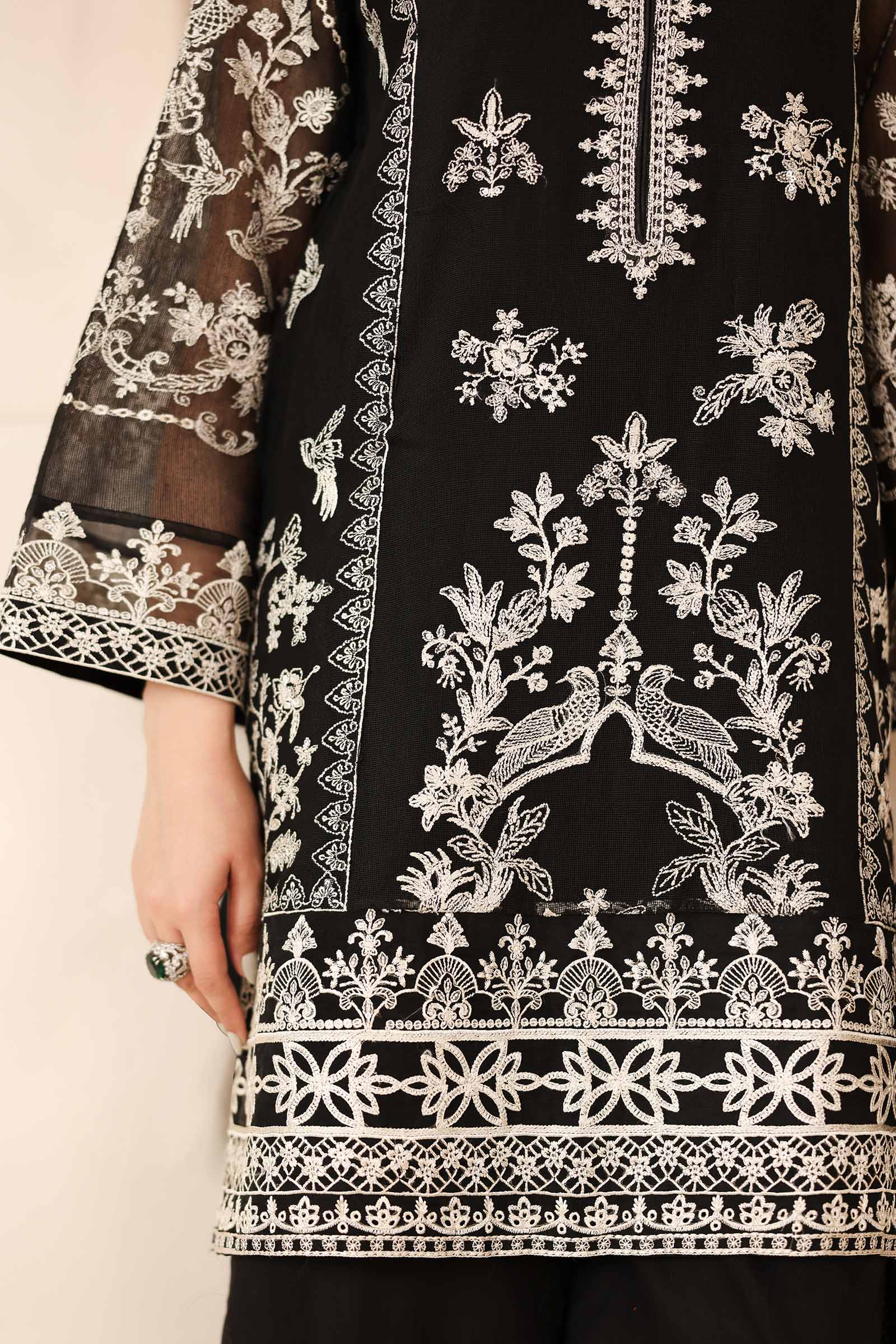 Pakistani Black Embroidered Cotton Net 3-Piece Suit - Image 6