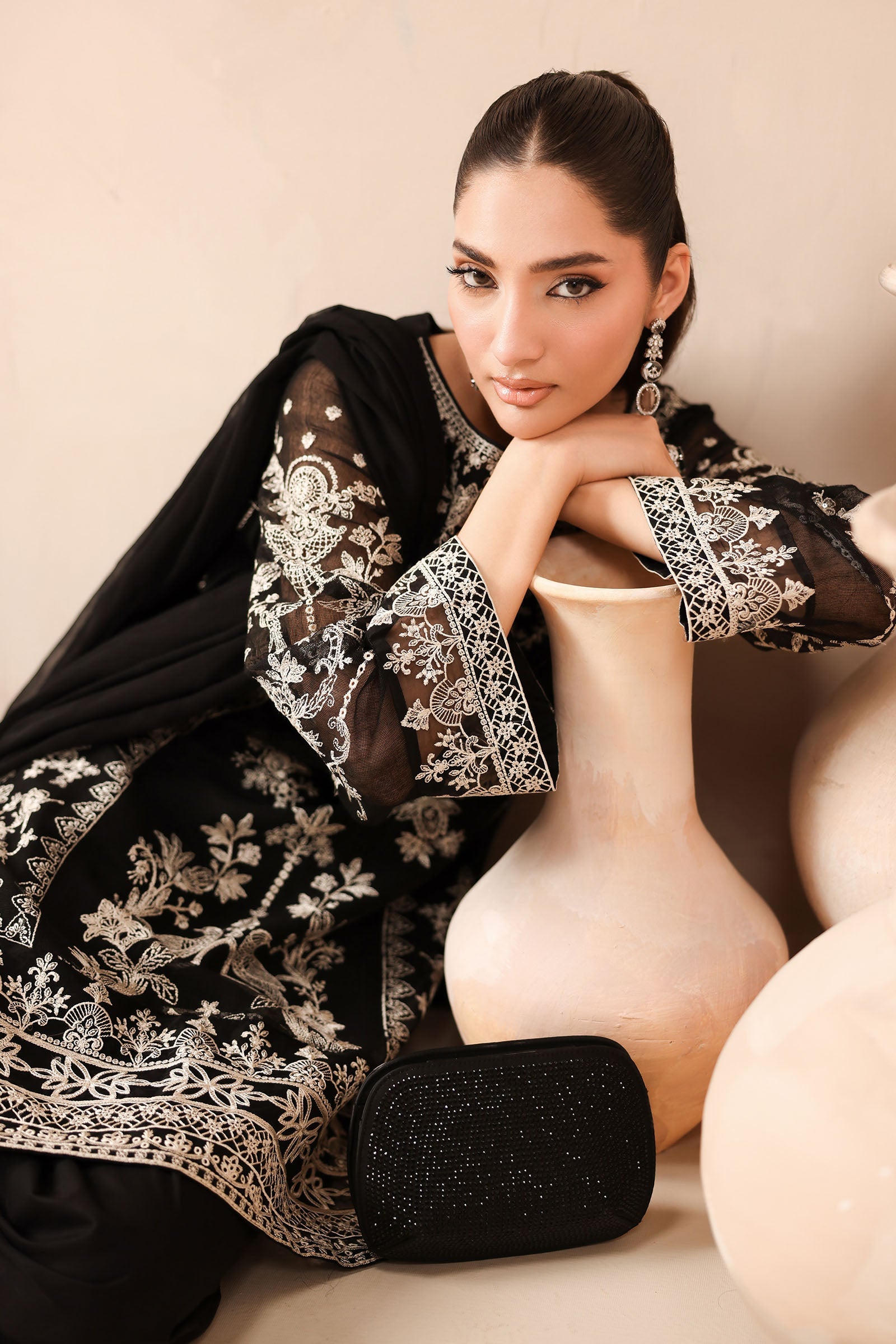 Pakistani Black Embroidered Cotton Net 3-Piece Suit - Image 7