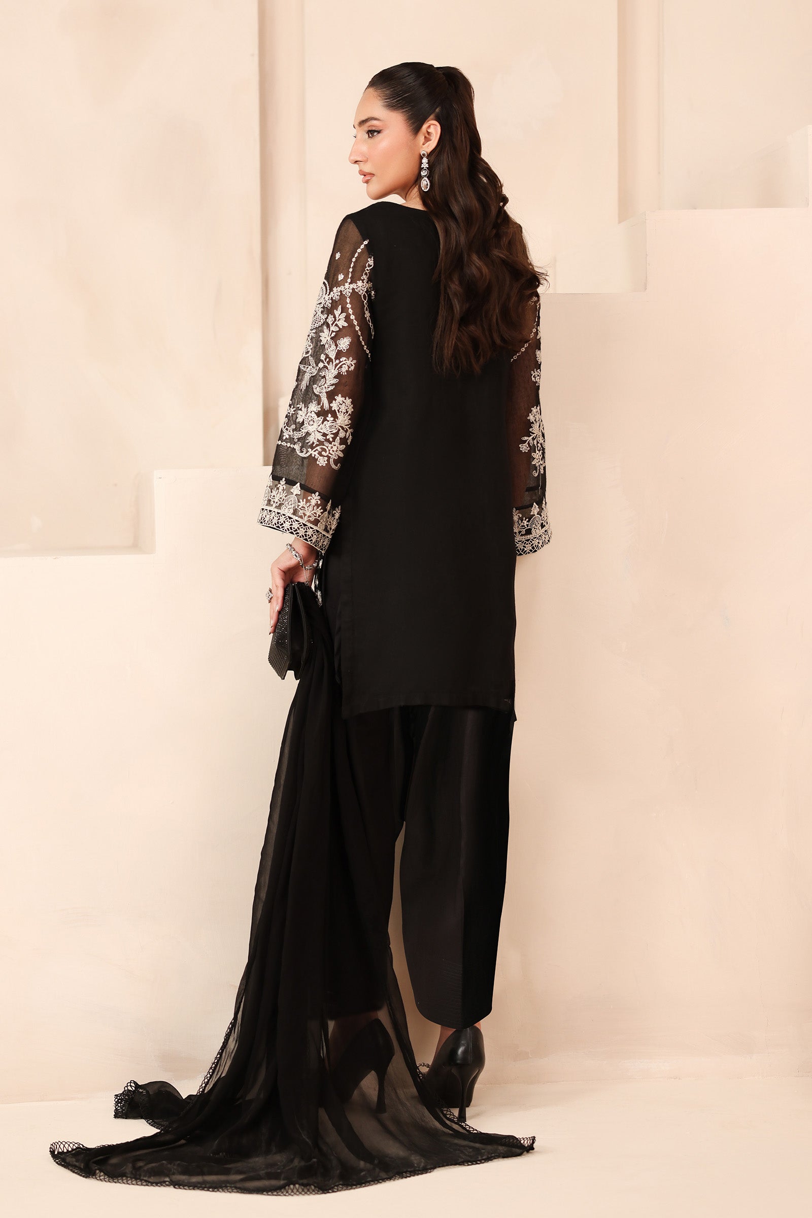 Pakistani Black Embroidered Cotton Net 3-Piece Suit - Image 9