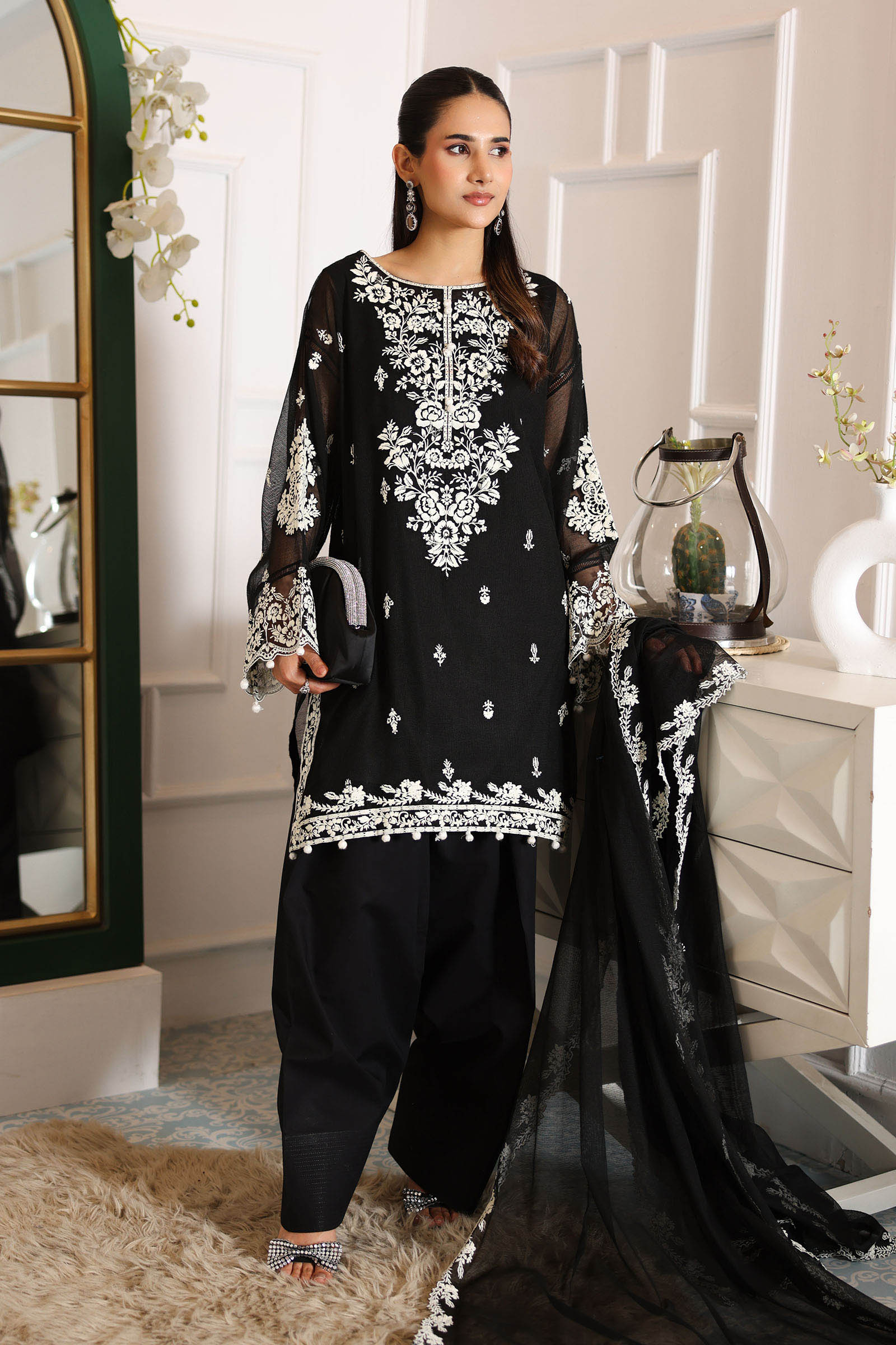 Black Embroidered Cotton Net Salwar Kameez (3-Piece) - Image 1