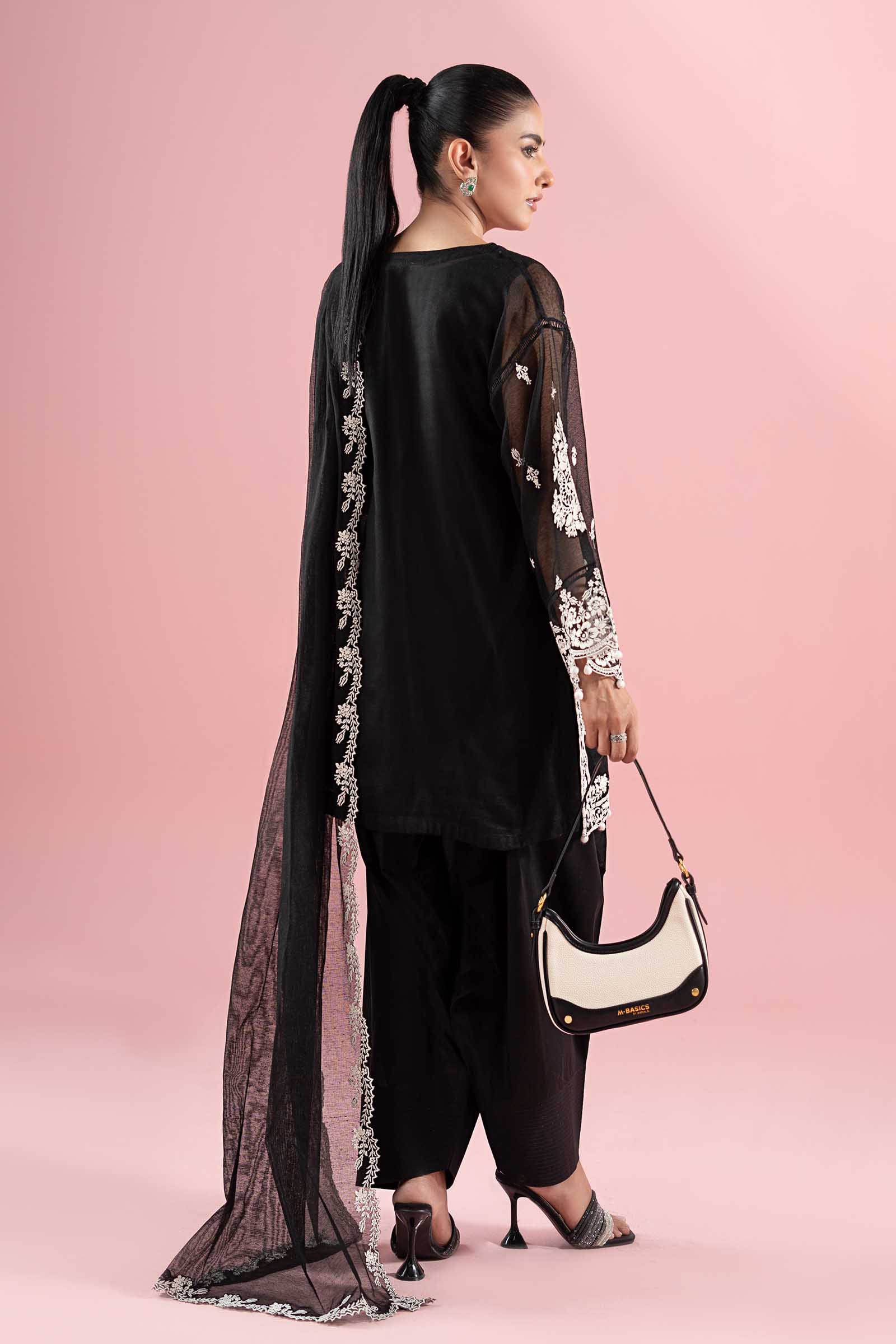 Black Embroidered Cotton Net Salwar Kameez (3-Piece) - Image 10