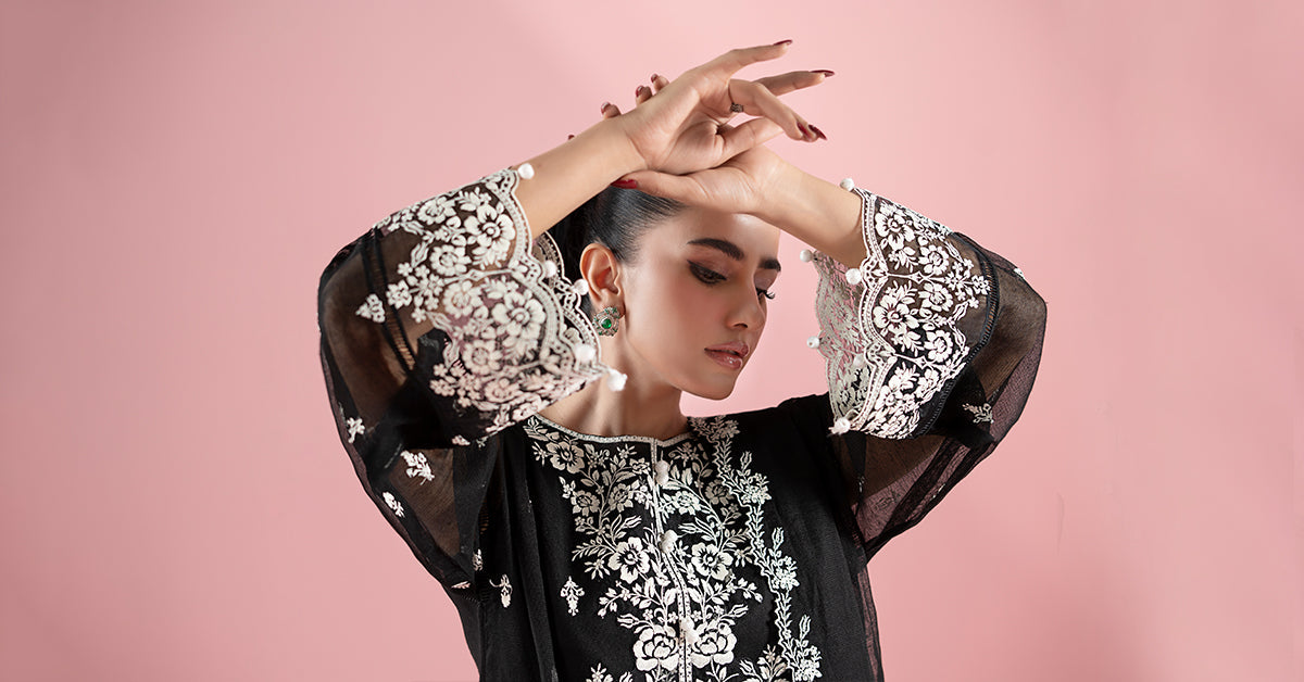 Black Embroidered Cotton Net Salwar Kameez (3-Piece) - Image 11