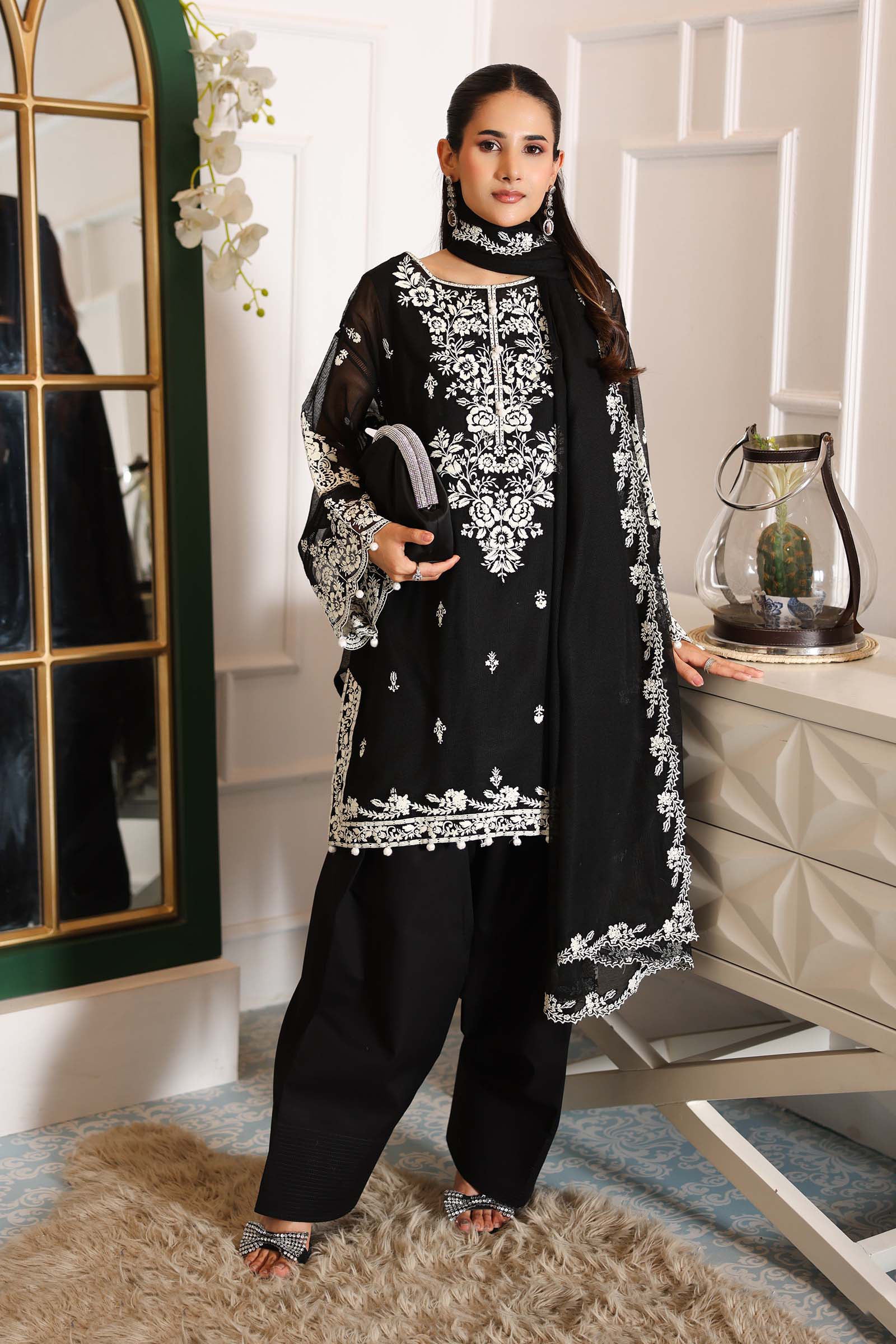 Black Embroidered Cotton Net Salwar Kameez (3-Piece) - Image 2