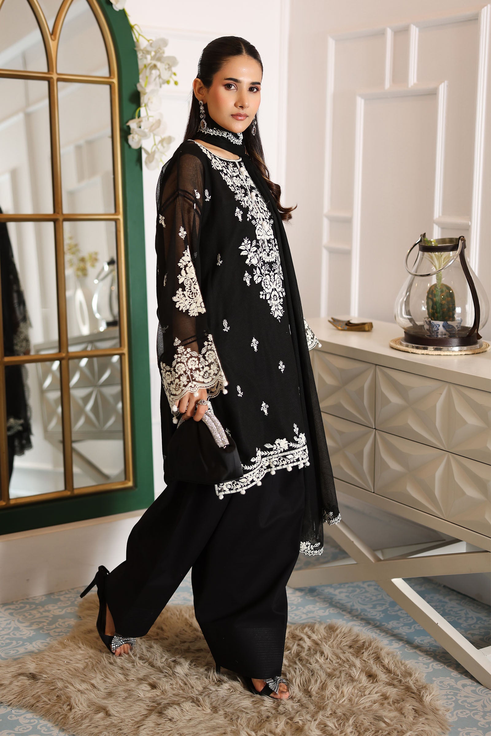 Black Embroidered Cotton Net Salwar Kameez (3-Piece) - Image 3