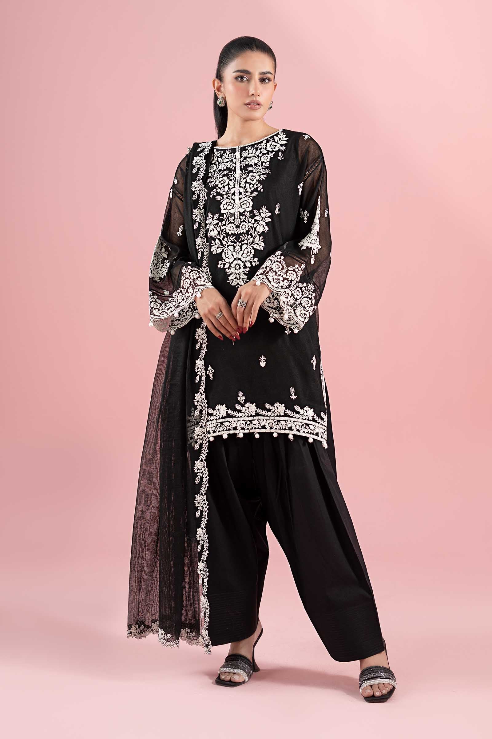 Black Embroidered Cotton Net Salwar Kameez (3-Piece) - Image 5