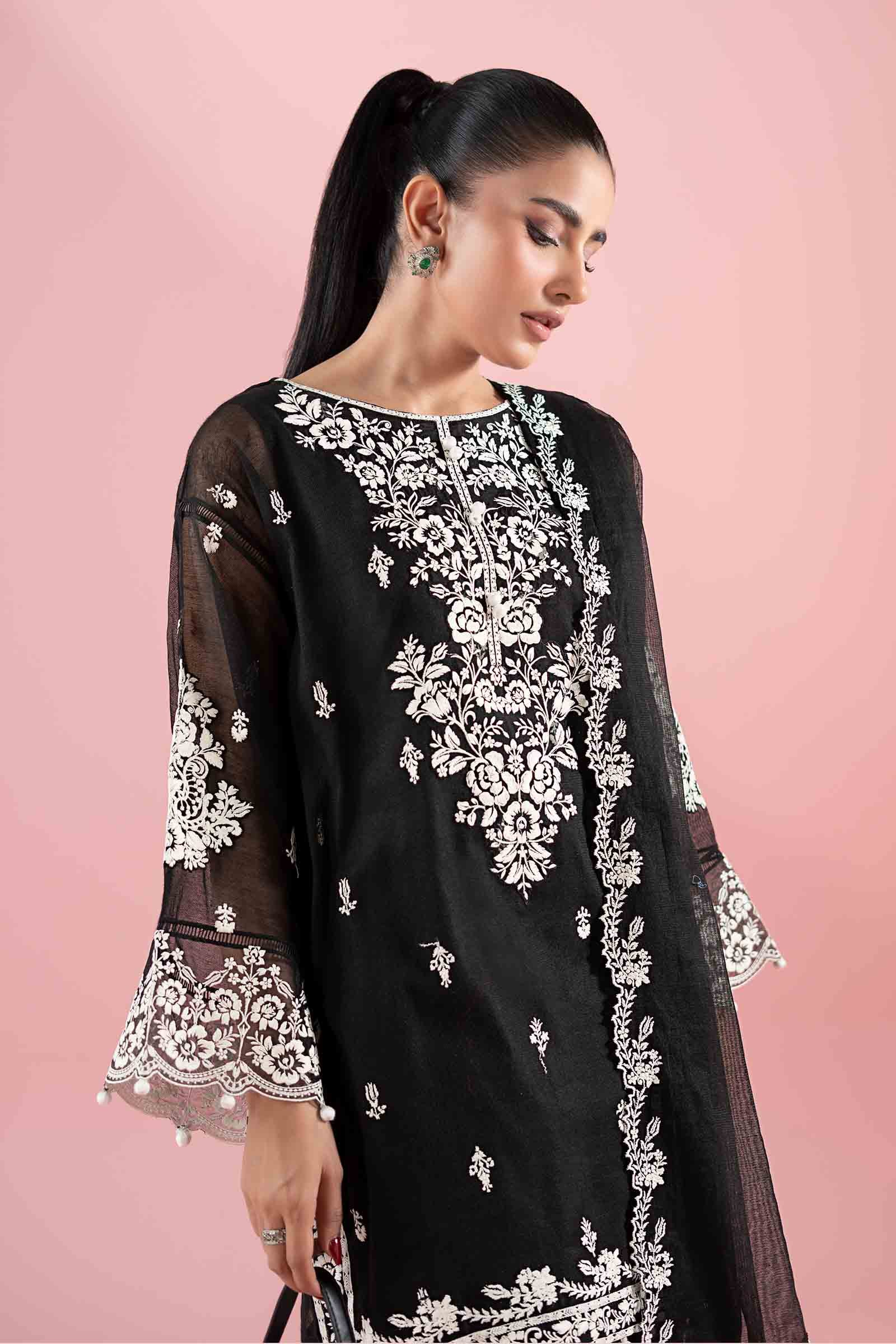 Black Embroidered Cotton Net Salwar Kameez (3-Piece) - Image 6