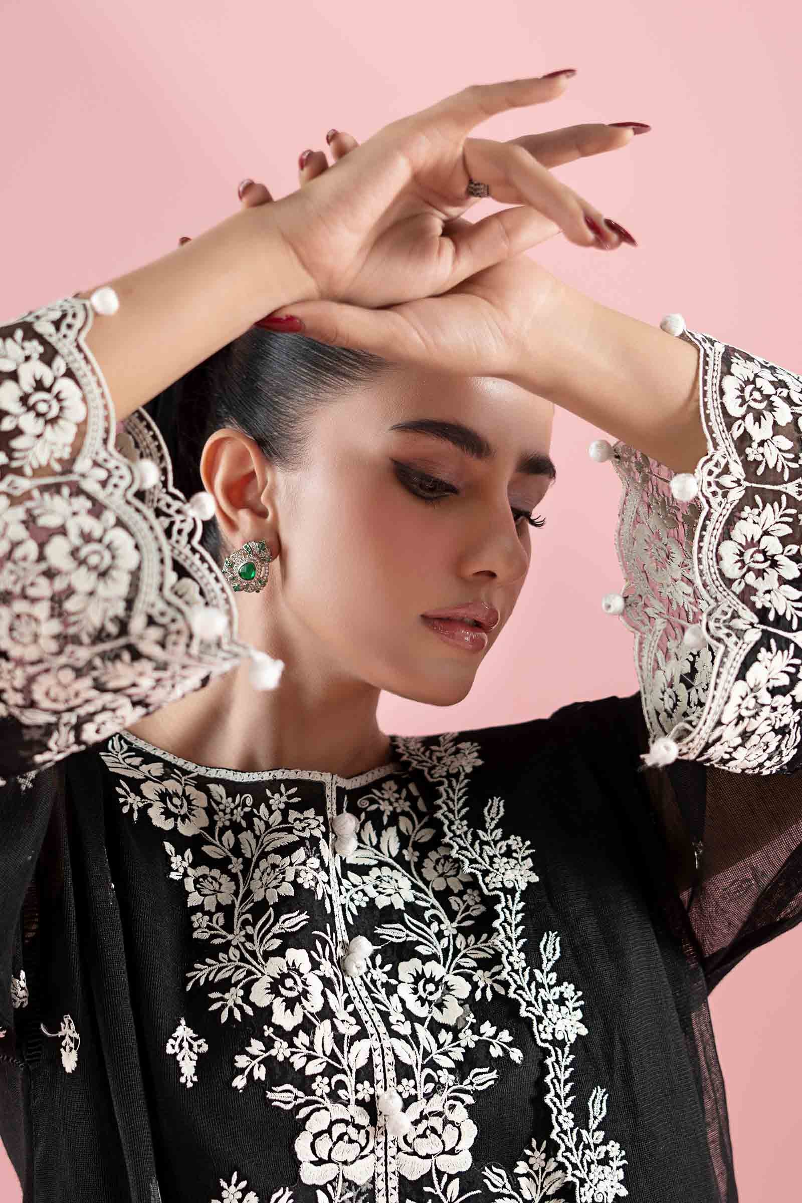 Black Embroidered Cotton Net Salwar Kameez (3-Piece) - Image 7