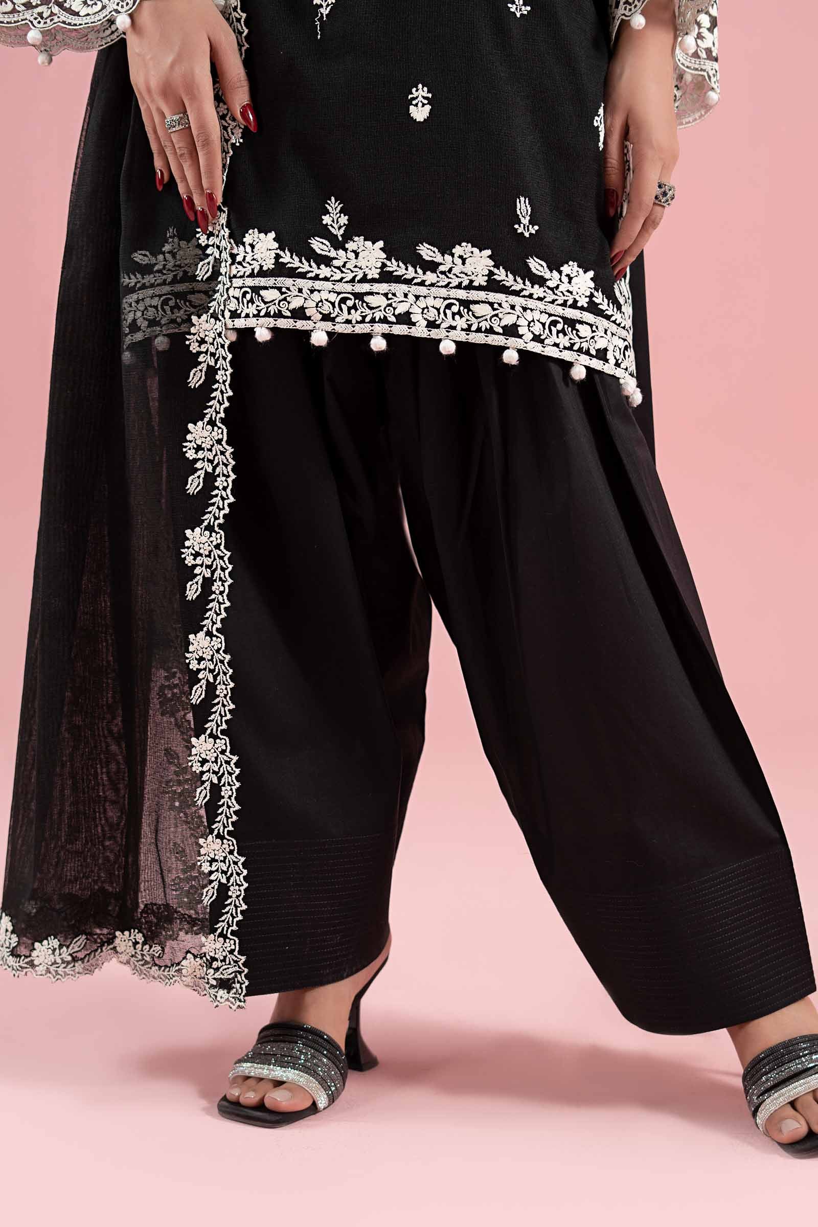 Black Embroidered Cotton Net Salwar Kameez (3-Piece) - Image 8