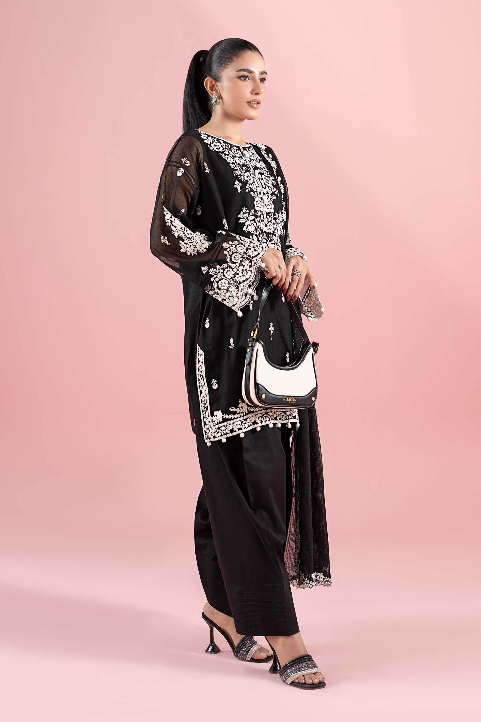 Black Embroidered Cotton Net Salwar Kameez (3-Piece) - Image 9