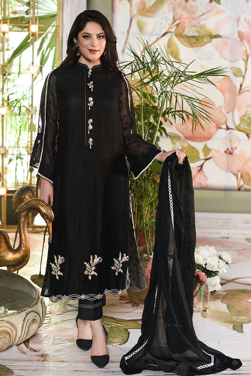 Pakistani Black Embroidered Cotton Net Salwar Kameez (3-Piece) - Image 4