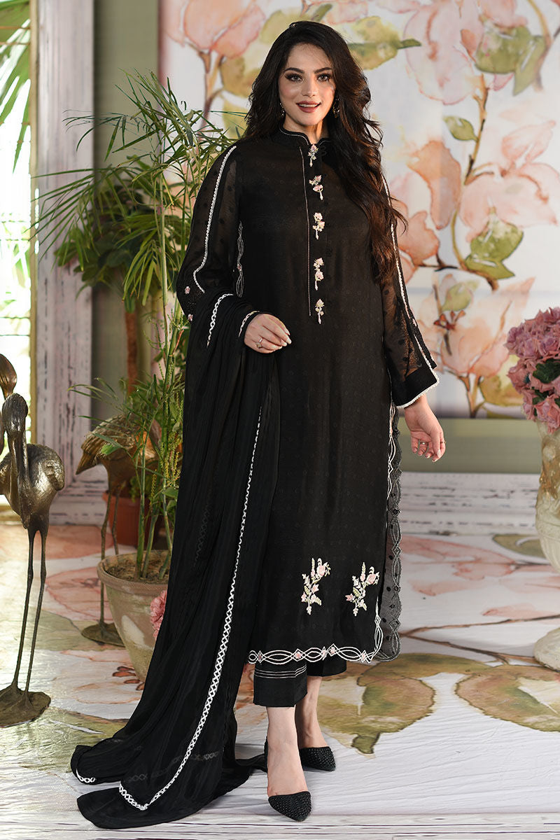 Pakistani Black Embroidered Cotton Net Salwar Kameez (3-Piece) - Image 5