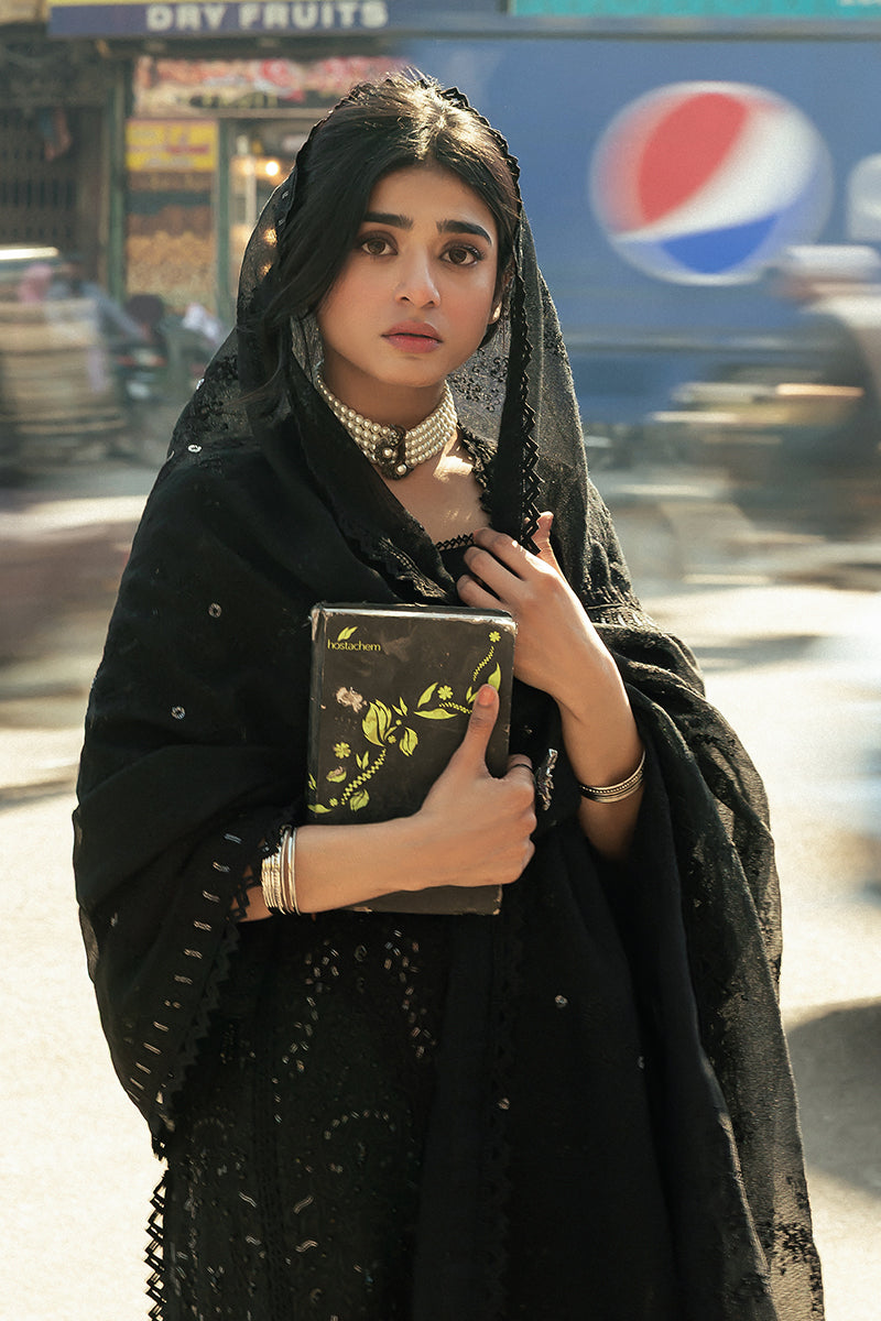 Pakistani Black Embroidered Cotton Net Salwar Kameez (3-Piece) - Image 12