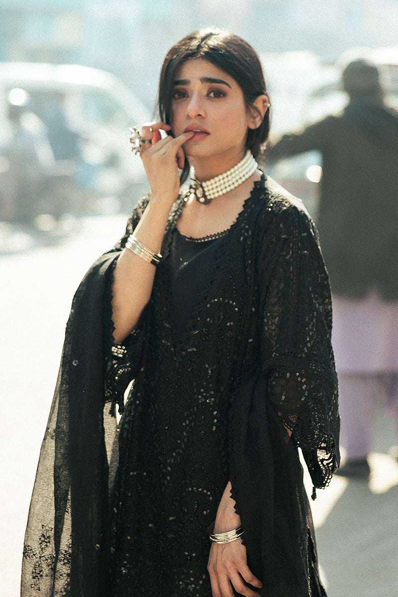 Pakistani Black Embroidered Cotton Net Salwar Kameez (3-Piece) - Image 2