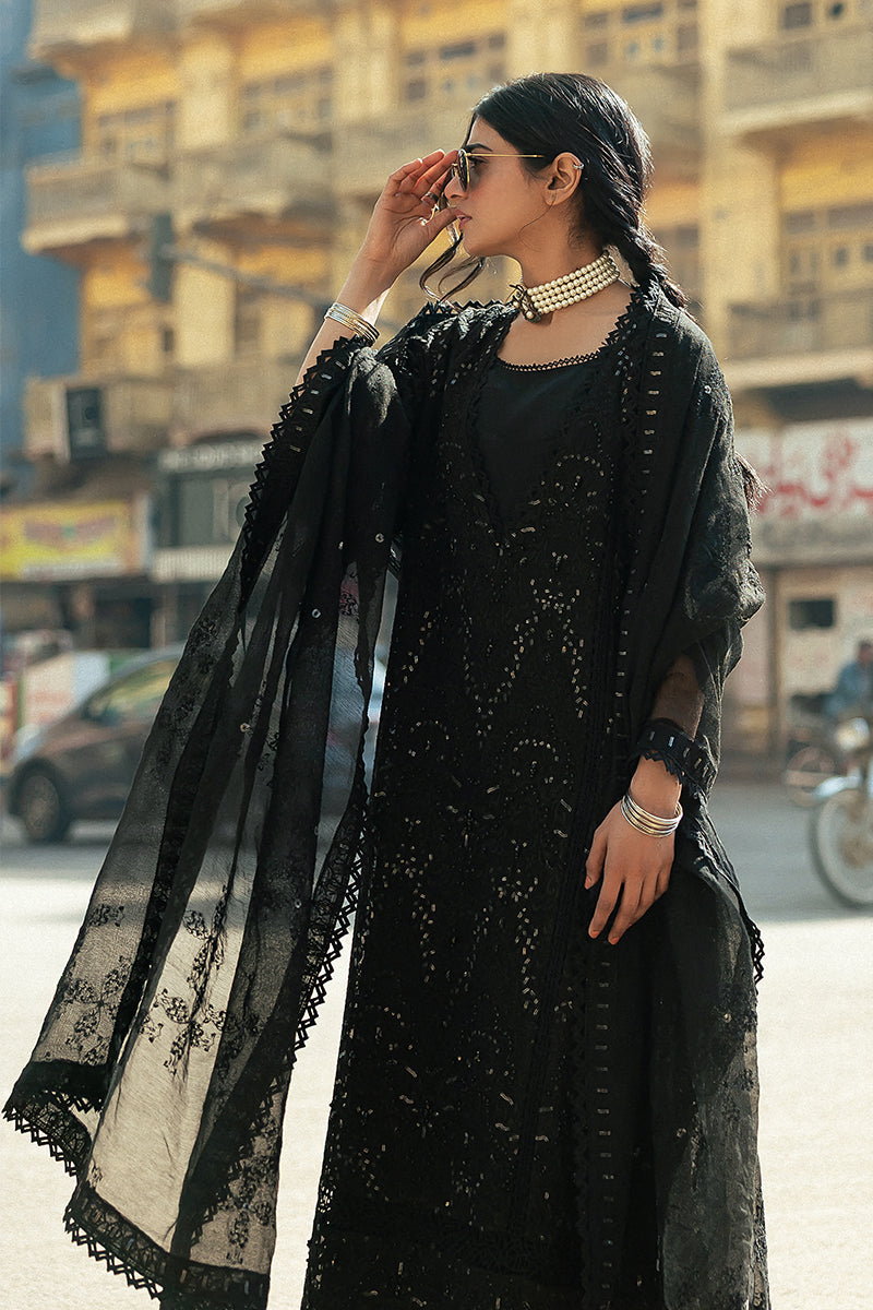 Pakistani Black Embroidered Cotton Net Salwar Kameez (3-Piece) - Image 8