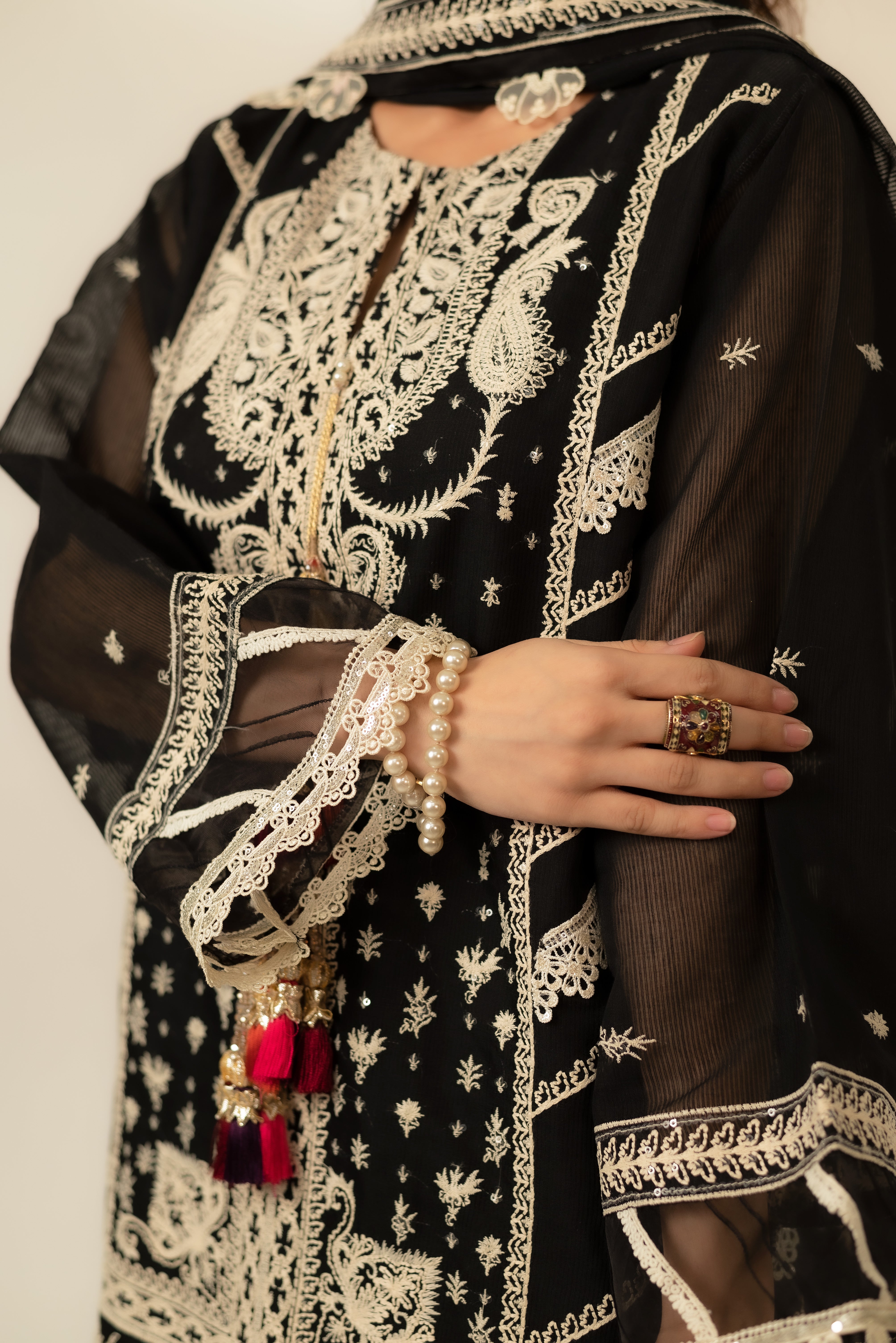 Pakistani Black Embroidered Cotton Net Salwar Kameez (3-Piece) - Image 1