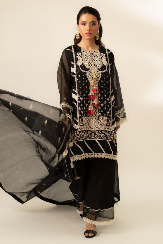 Pakistani Black Embroidered Cotton Net Salwar Kameez (3-Piece) - Image 2