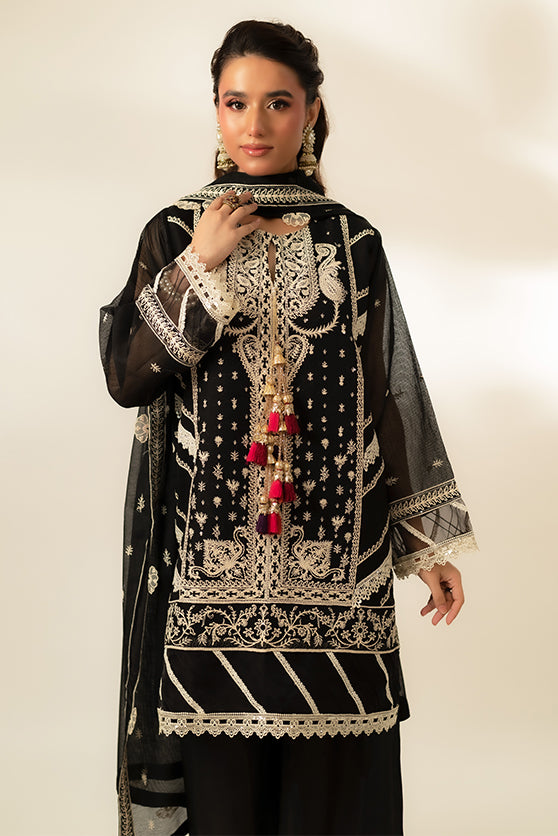Pakistani Black Embroidered Cotton Net Salwar Kameez (3-Piece) - Image 3