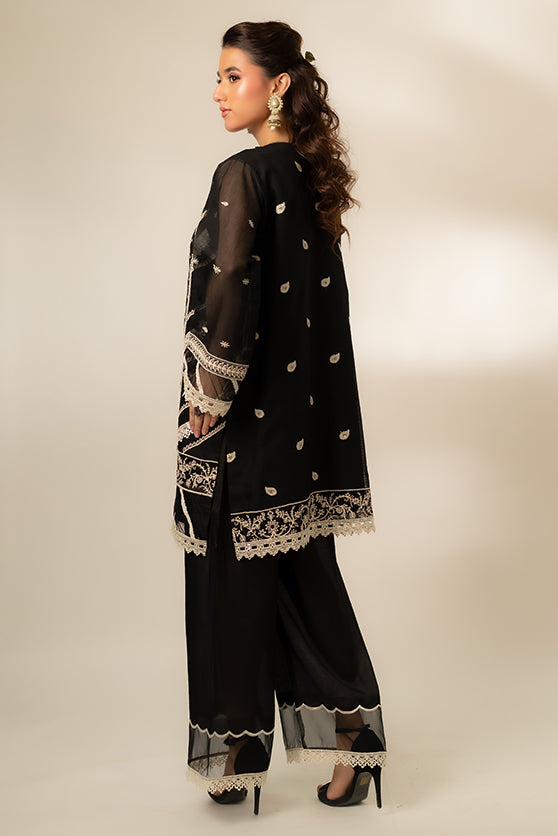 Pakistani Black Embroidered Cotton Net Salwar Kameez (3-Piece) - Image 4