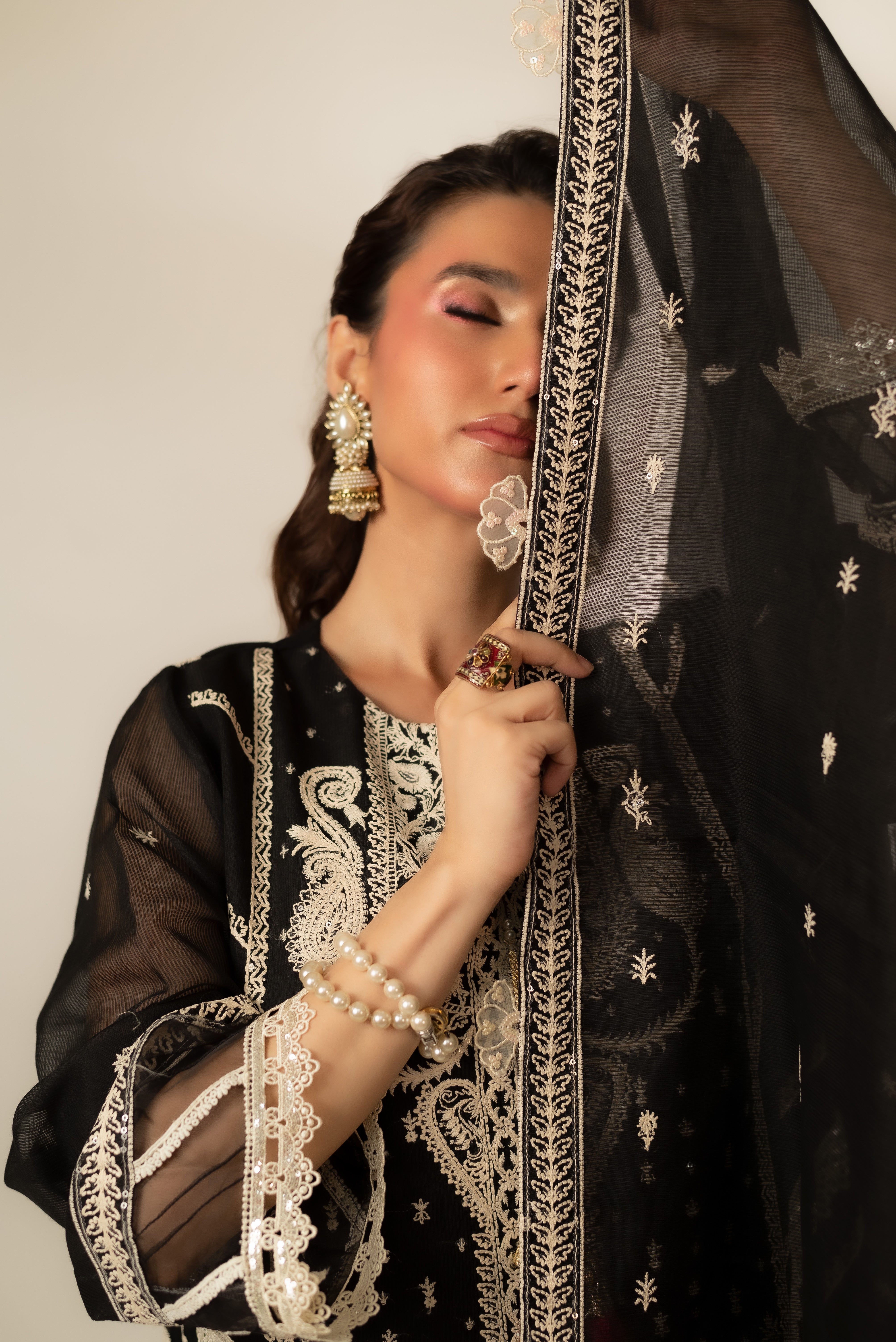 Pakistani Black Embroidered Cotton Net Salwar Kameez (3-Piece) - Image 6