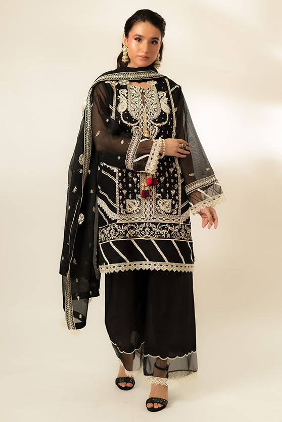 Pakistani Black Embroidered Cotton Net Salwar Kameez (3-Piece) - Image 7