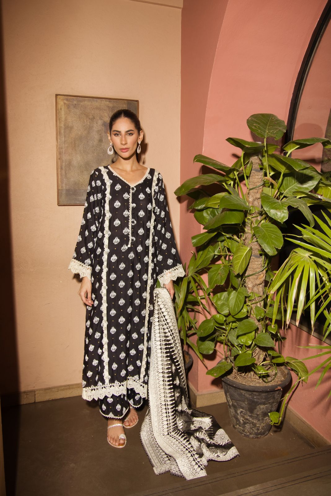 Pakistani Black Embroidered Cotton Net Salwar Kameez (3-Piece) - Image 2