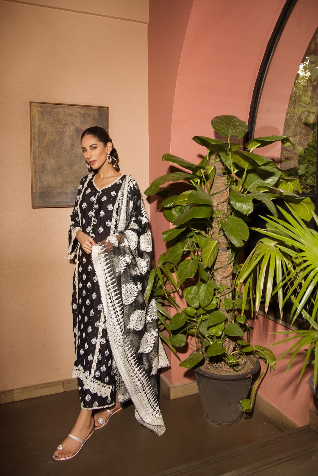 Pakistani Black Embroidered Cotton Net Salwar Kameez (3-Piece) - Image 4