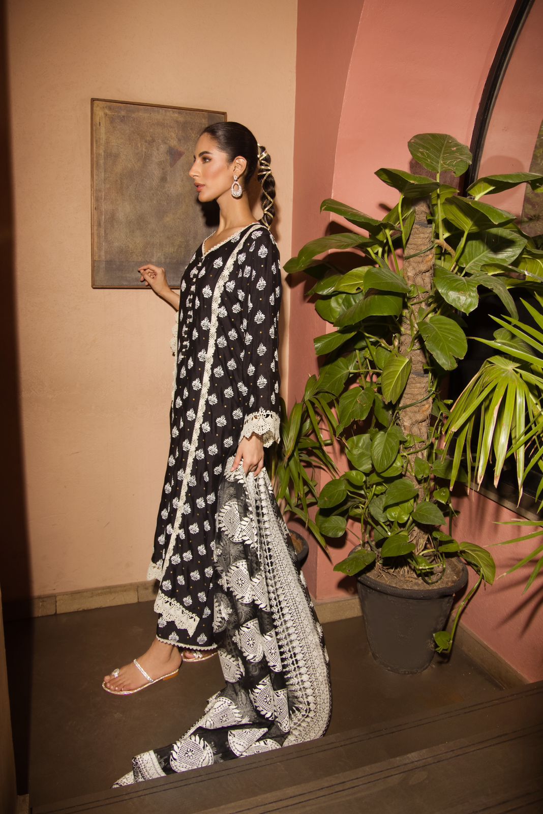 Pakistani Black Embroidered Cotton Net Salwar Kameez (3-Piece) - Image 5