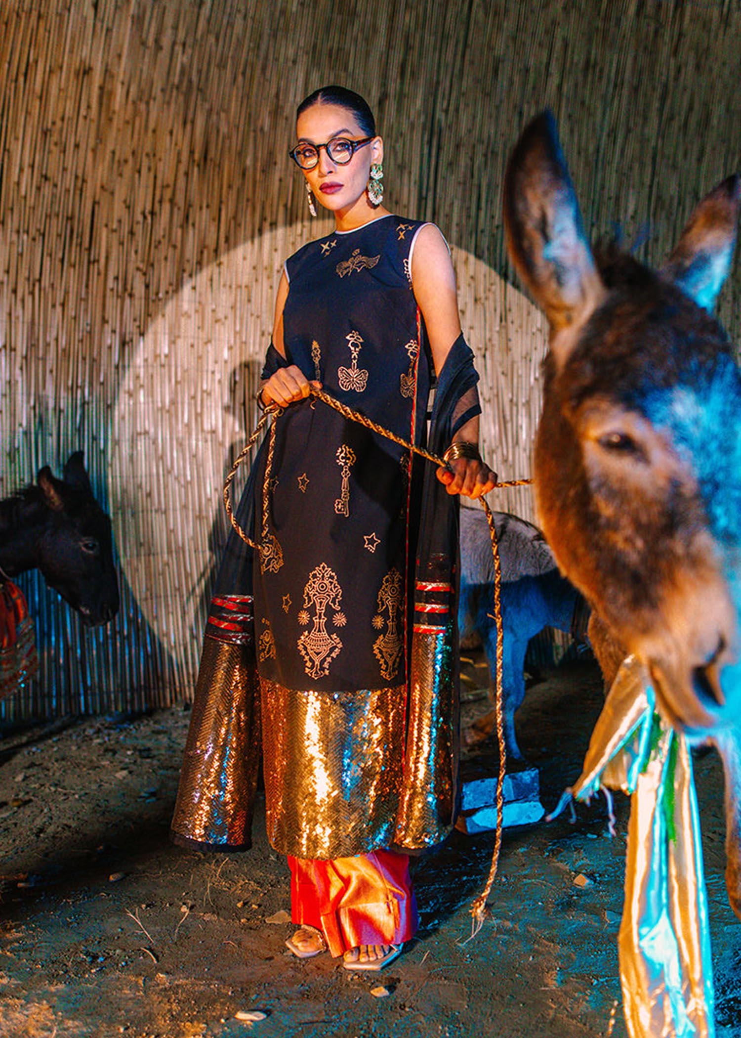 Pakistani Black Block Printed Cotton & Organza Salwar Kameez (3-Piece) - Image 1