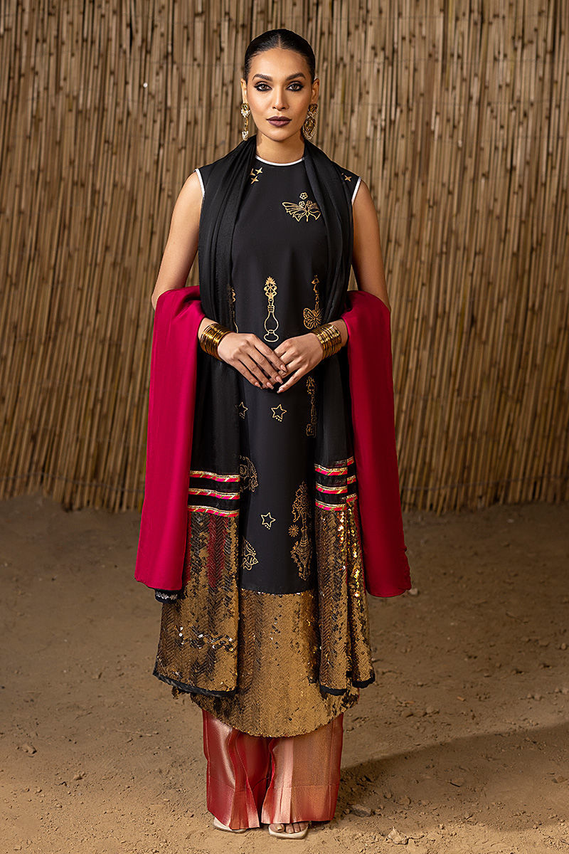 Black Embellished Cotton & Organza Salwar Kameez (3-Piece) - Image 3