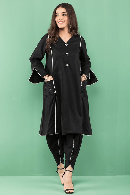 Pakistani Black Pearl & Lace Cotton Salwar Kameez (2-Piece) - Image 2