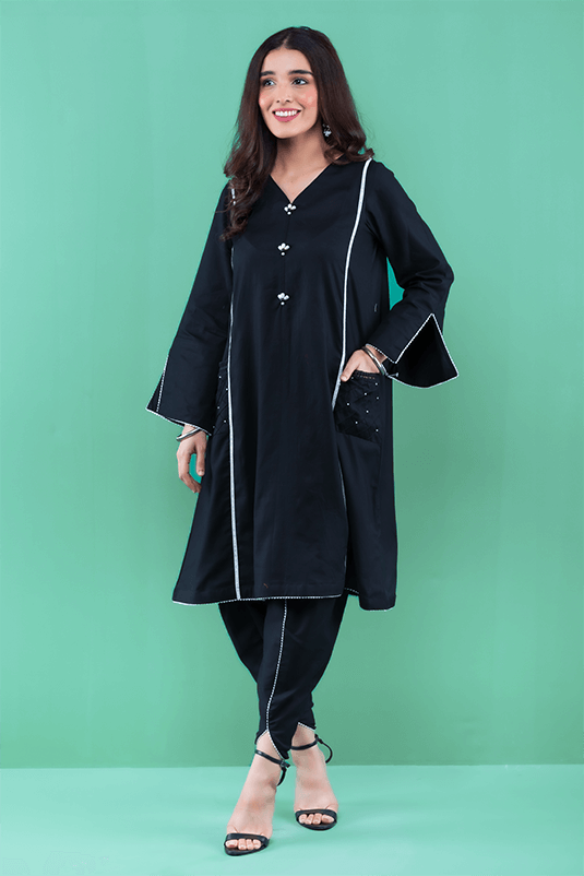 Pakistani Black Pearl & Lace Cotton Salwar Kameez (2-Piece) - Image 3