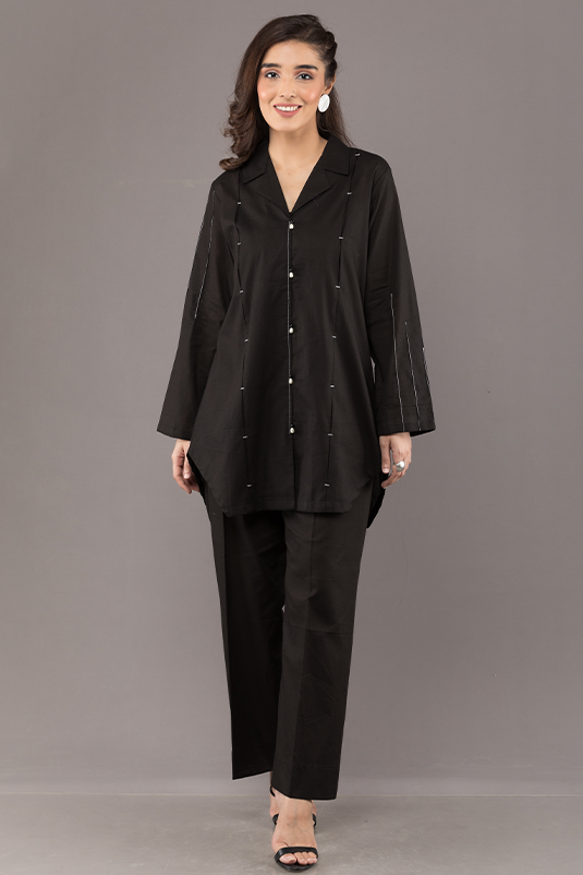 Pakistani Black Pearl-Detail Cotton Salwar Kameez (2-Piece) - Image 2