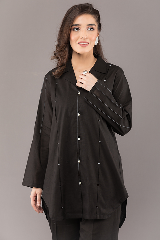 Pakistani Black Pearl-Detail Cotton Salwar Kameez (2-Piece) - Image 3