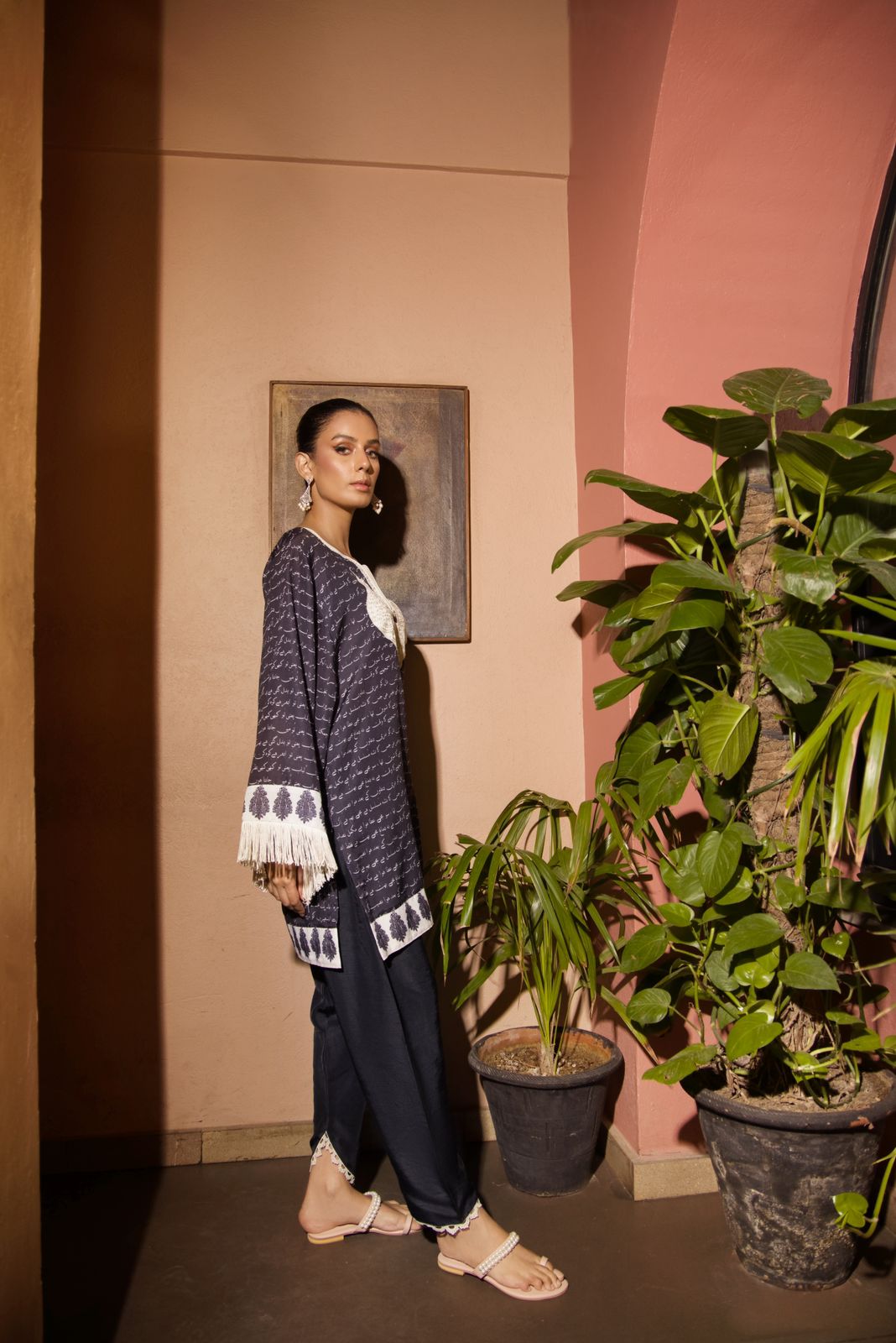 Black Embroidered Cotton Silk Firdous Tunic Set (2-Piece) - Image 6