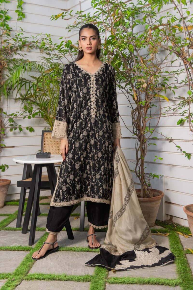 Black Mirror Work Cotton Silk Salwar Kameez (3-Piece) - Image 1
