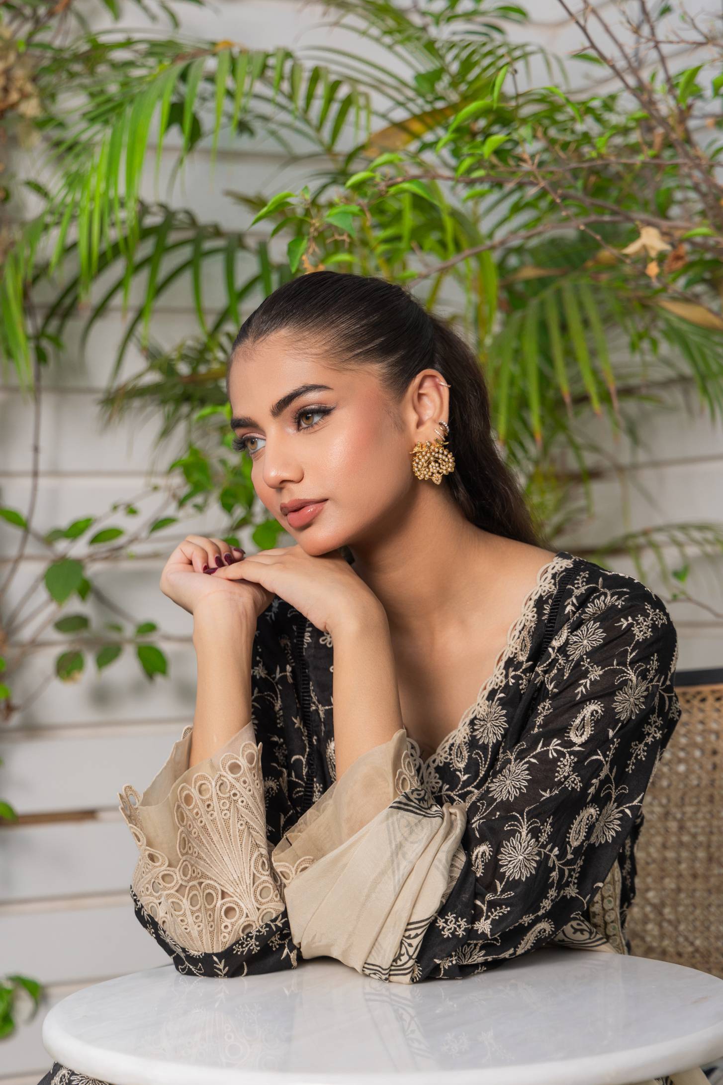 Black Mirror Work Cotton Silk Salwar Kameez (3-Piece) - Image 3