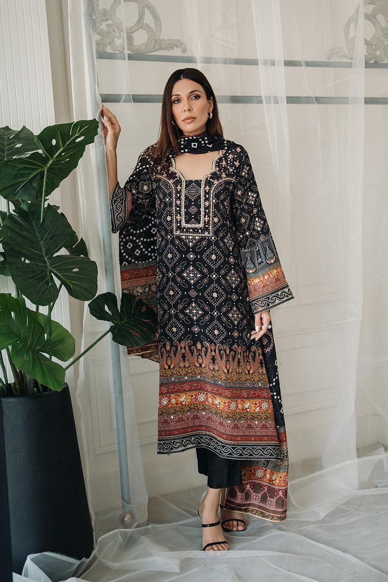 Black Bandhani Embroidered Pure Crepe Salwar Kameez (2-Piece) - Image 1